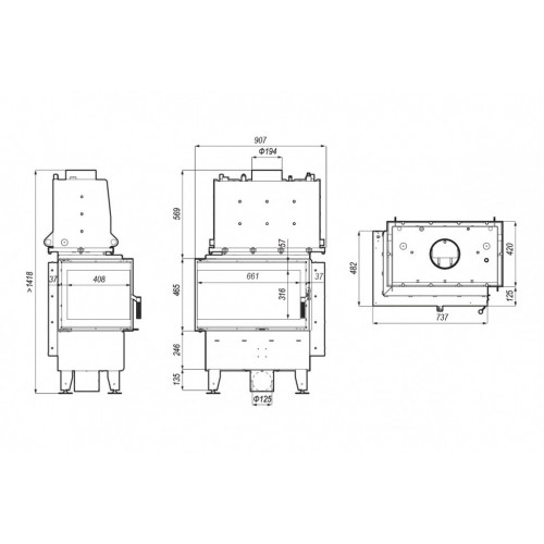 Топка DEFRO HOME RIVA SM BL SHORT, 16 кВт, 737/465/482мм, угловое стекло слева, с водяным контуром