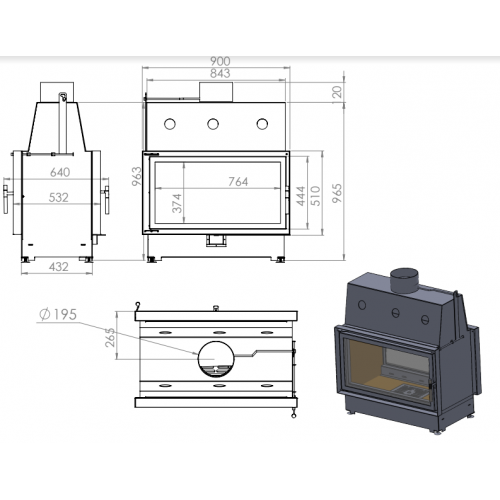 Топка ECT Double 90x51/V 15 кВт, 900/510, туннель, футеровка вермикулит