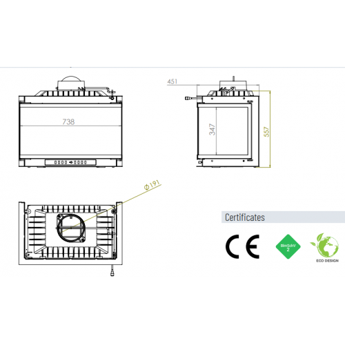 Топка ECT Font/700/LR 14 кВт, 738/X/451, трехстороннее стекло