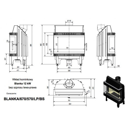 Каминная топка стальная BLANKA/670/570/LP/BS (угловое стекло слева-справа) (12 кВт)