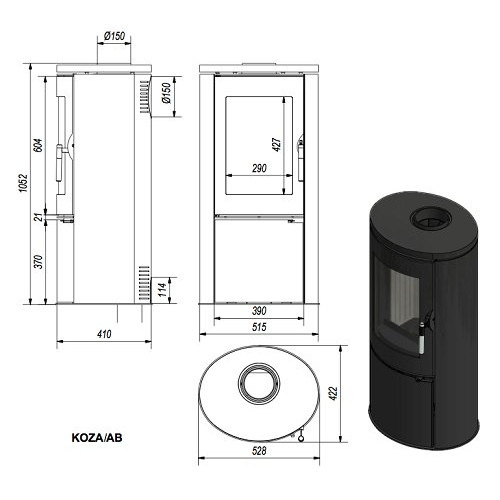 Печь-камин KOZA/AB/S/DR/KAFEL/CZARNY (кафель черный) (8 кВт) 528*1052*422мм