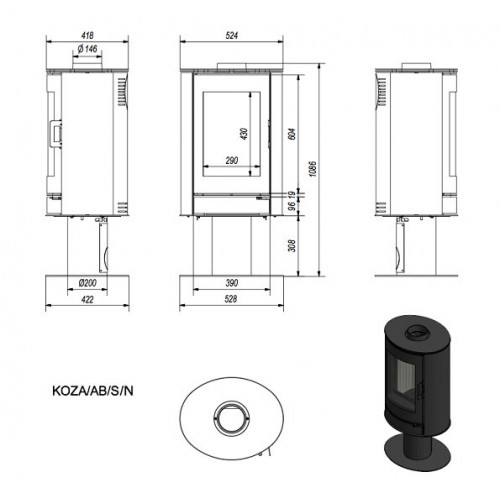 Печь-камин KOZA/AB/S/N/DR/KAFEL/CZERWONY (сталь, кафель красный) (8 кВт) 528*1086*422мм