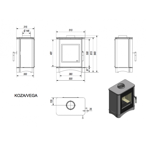 Печь-камин KOZA/VEGA/150 (6 кВт) 510*649*406мм