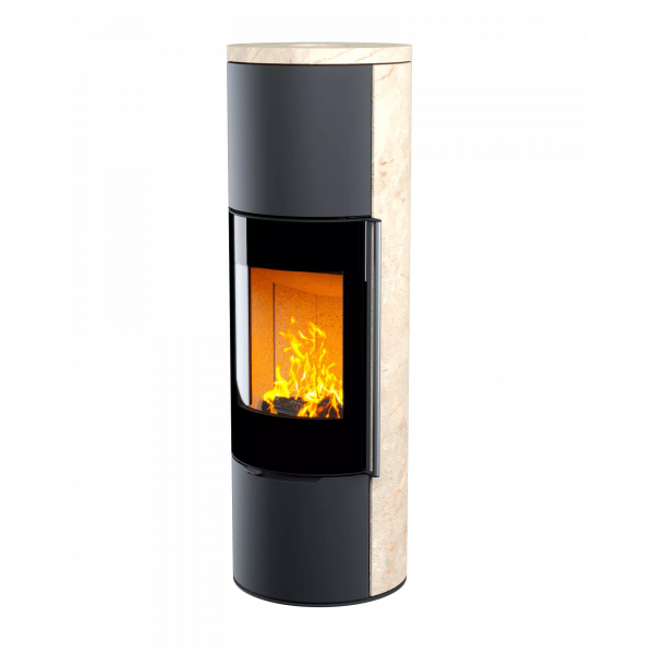 Печь-камин R1.0 XL K (Категория: Серия R, Вид камня: Крема беж, Опция Plus (дверца с наружным радиусным стеклом): Да, Ручка: Длинная (нержавейка))