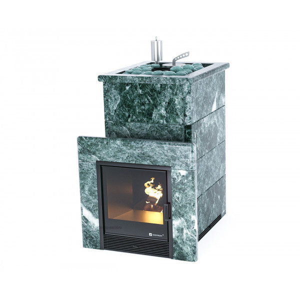 Печь для бани Сочи в полноценном кожухе с открытым верхом (Вариант кожуха: Змеевик; Вид топлива: Подготовка; Защита топки: Футеровка; Марка стали: AISI 430)