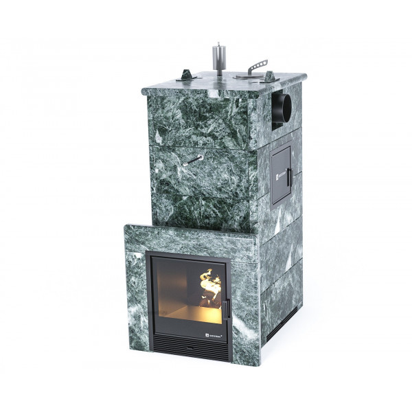 Печь для бани Геленджик М2 в полноценном кожухе с боковым подключением (вход в каменку: С тыла; подключение дымохода: Справа; Вариант кожуха: Змеевик; Вид топлива: Дрова стандартная комплектация; Защита топки: Защитный экран; Марка стали: AISI 430)