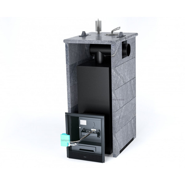 Печь для бани Геленджик в трехстороннем кожухе с боковым подключением (подключение дымохода: Сзади; Вариант кожуха: Талькохлорит; Вид топлива: Газ, дрова Комплектация с ГГУ-60; Защита топки: Защитный экран; Марка стали: AISI 321)
