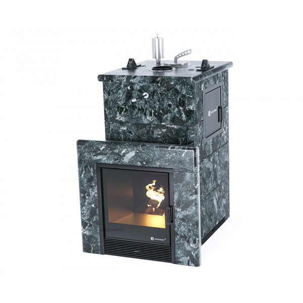 Печь для бани Сочи М2 в полноценном кожухе (вход в каменку: С тыла; Вариант кожуха: Пироксенит; Вид топлива: Дрова стандартная комплектация; Защита топки: Футеровка; Марка стали: AISI 321)
