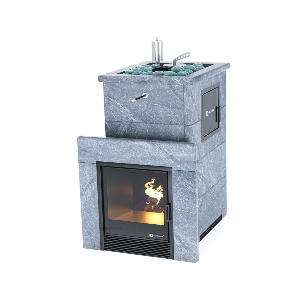 Печь для бани Сочи М2 в полноценном кожухе с открытым верхом (вход в каменку: Справа; Вариант кожуха: Талькохлорит; Вид топлива: Дрова стандартная комплектация; Защита топки: Защитный экран; Марка стали: AISI 321)