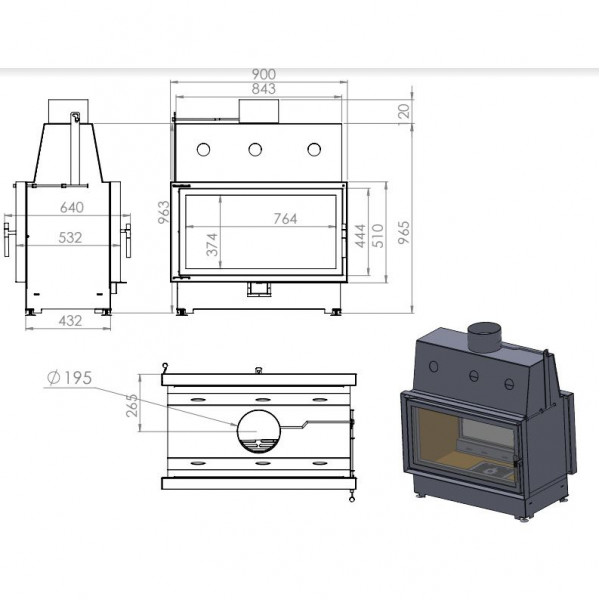 Каминная топка ECHA-TECH Double 90x51/V 15 кВт