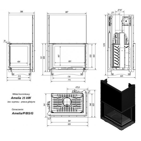 Каминная топка AMELIA/P/BS/G, Г-образное стекло справа, гильотина Kratki (Польша)