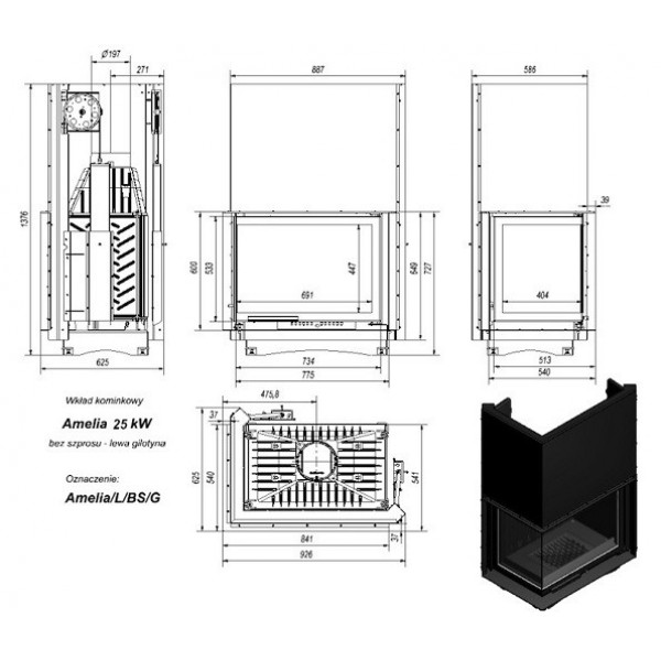 Каминная топка AMELIA/L/BS/G, Г-образное стекло слева, гильотина Kratki (Польша)