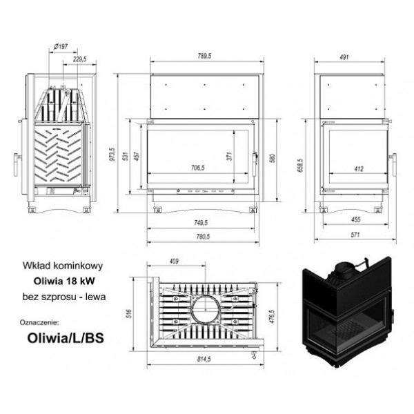 Каминная топка OLIWIA/L/BS, Г-образное стекло слева Kratki (Польша)