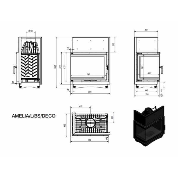 Каминная топка AMELIA/L/BS/DECO, Г-образное стекло слева Kratki (Польша)