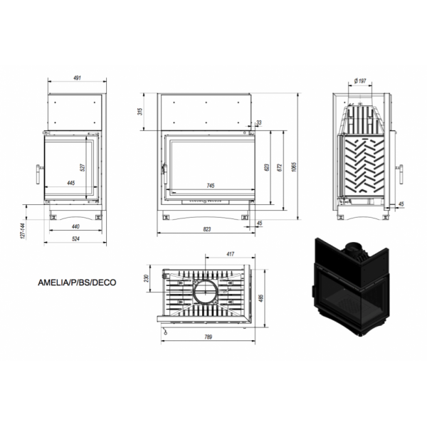 Каминная топка AMELIA/P/BS/DECO, Г-образное стекло справа Kratki (Польша)