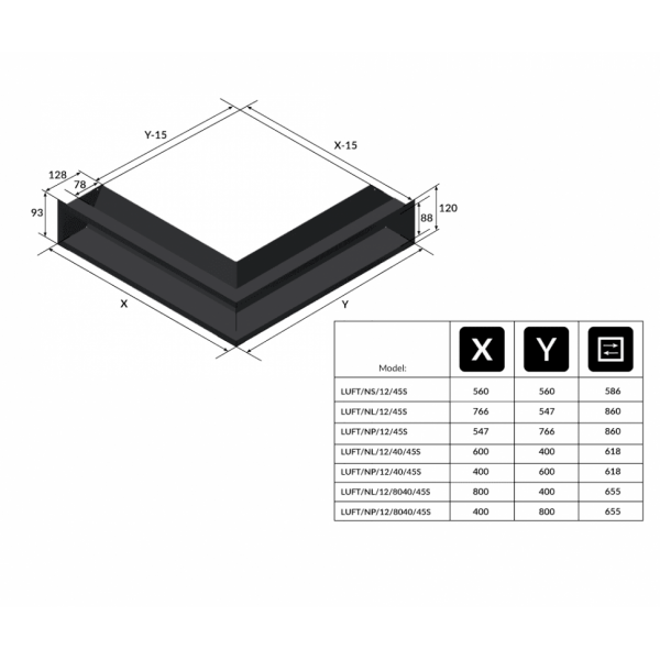 Решётка Kratki Luft 547х766х120 угловая правая черная 45S Kratki