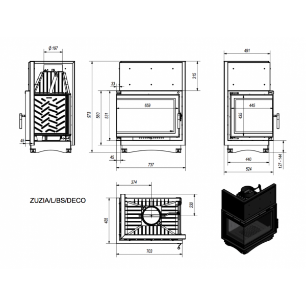 Каминная топка ZUZIA/L/BS/DECO, Г-образное стекло слева Kratki (Польша)