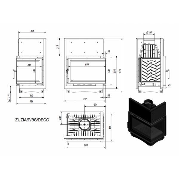 Каминная топка ZUZIA/P/BS/DECO, Г-образное стекло справа Kratki (Польша)