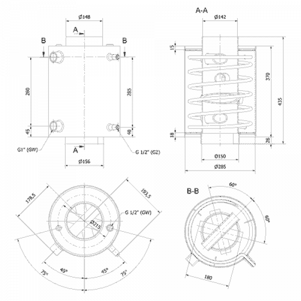 Теплообменник водный для дымохода, со змеевиком, д. 150 V3 Kratki (Польша)