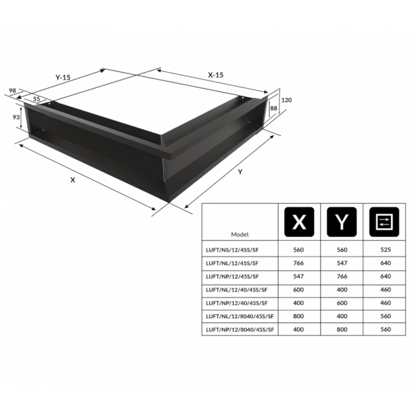 Решётка Kratki Luft 400х800х120 45S угловая левая черная Kratki