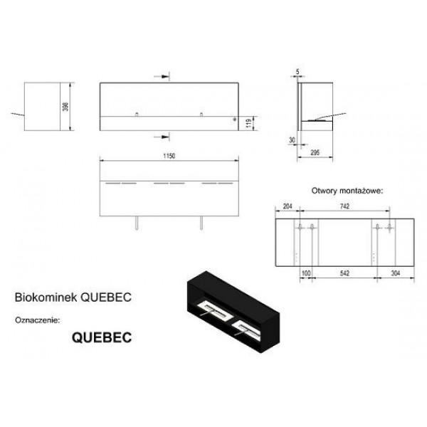 Биокамин Kratki QUEBEC (1150x398), TUV Kratki (Польша)