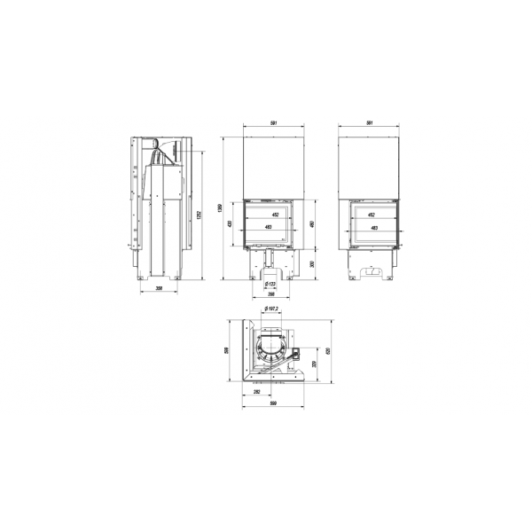 Стальная каминная топка VNL/480/480, Г-образное стекло слева, гильотина Kratki PRO