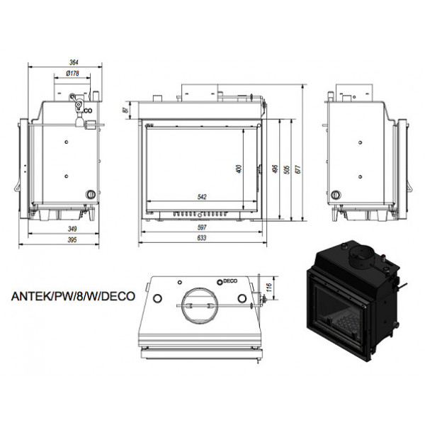 Каминная топка с водяным контуром ANTEK/PW/8/W/DECO змеевик Kratki (Польша)