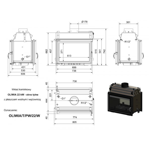Каминная топка с водяным контуром OLIWIA/T/PW/22/W, туннельная, змеевик Kratki (Польша)