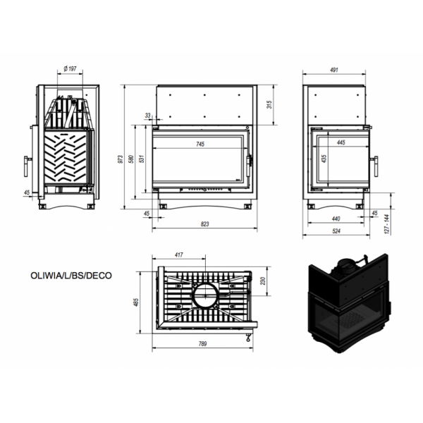 Каминная топка OLIWIA/L/BS/DECO, Г-образное стекло слева Kratki (Польша)