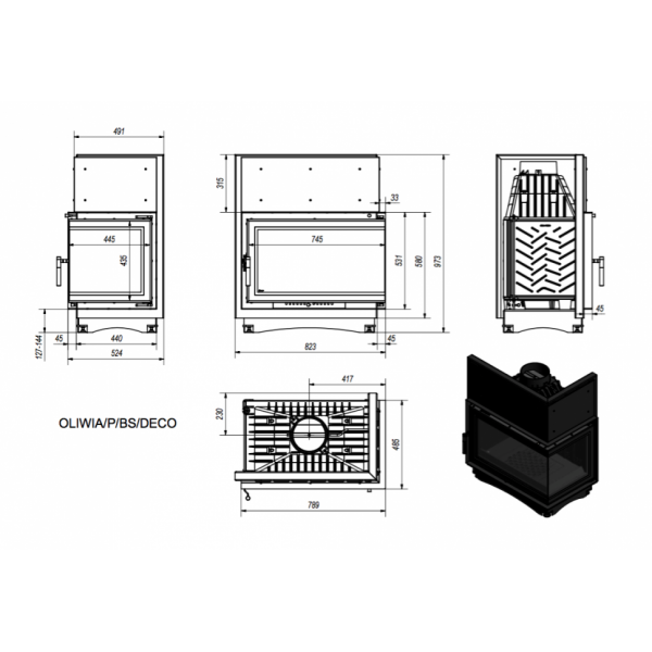 Каминная топка OLIWIA/P/BS/DECO, Г-образное стекло справа Kratki (Польша)