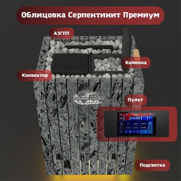 Электрическая паротермальная печь «ПАРиЖАР ФутуРус» 12 кВт, 380 В Серпентинит Премиум